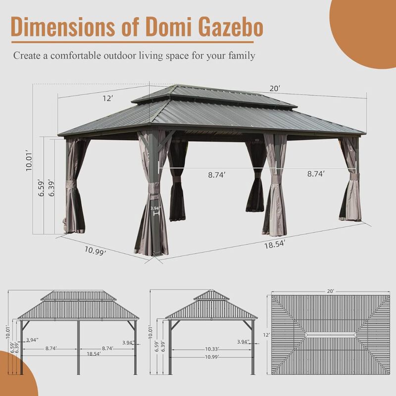 12' X 20' Hardtop Gazebo, Aluminum Metal Gazebo