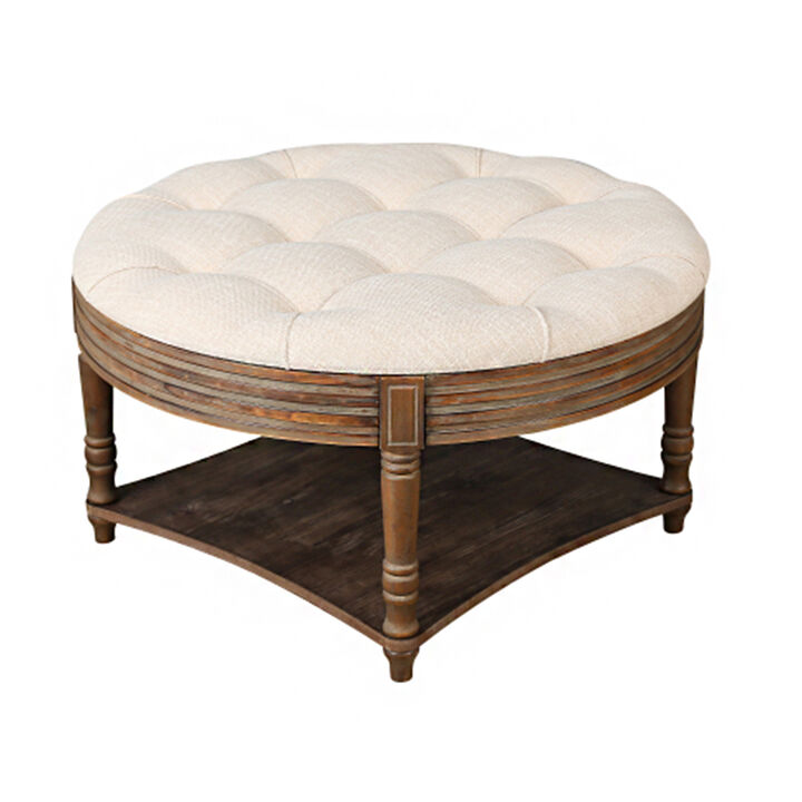 Large Round WaterProof Ottoman Coffee Table 2 Tier Oversized Button Tufted Ottoman with Wooden Shelf Storage Farmhouse Upholstered Coffee Table Living Room Footstool Ottoman Linen(Warm White)