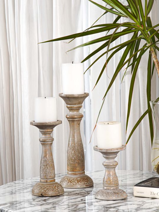 Traditional Gray Wash Eco-friendly Handmade Mango Wood Set Of Three 6",9" & 12" Pillar Candle Holder BBH Homes
