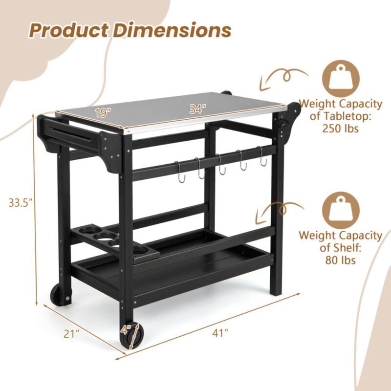 Hivvago Movable Outdoor Dining Cart Table HDPE Pizza Oven Stand Table with Stainless Steel Tabletop