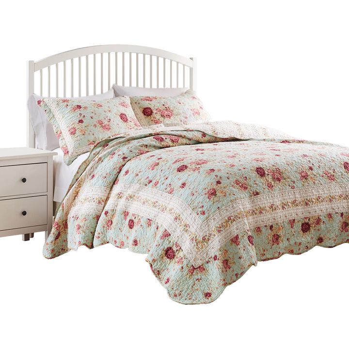 Rosle 3pc Full/Queen Size Bedspread Set, 2 Shams, Rose Print, Blue Cotton