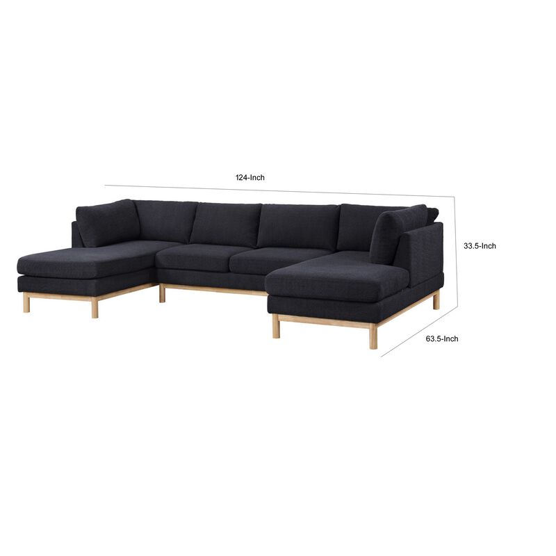 Hle 124 Inch Wide Sectional Sofa Double Chaise, U Shape, Black Sherpa, Wood - Benzara