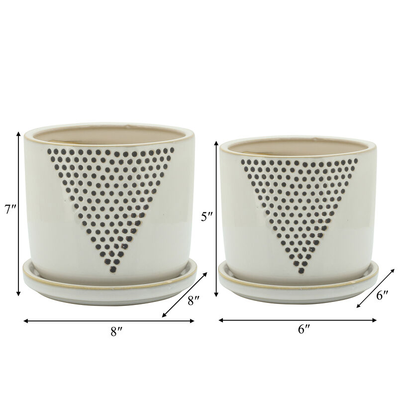 Triangle Dots Planter with Saucer, White Set