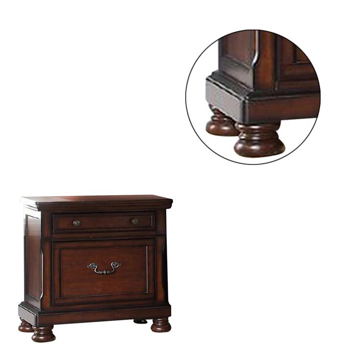 Two Drawers Wooden Nightstand with Bun Feet, Brown-Benzara