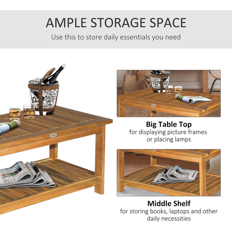 Backyard & Deck Wooden Tea Table w/ Simply Elegant Design & Two Storage Surfaces