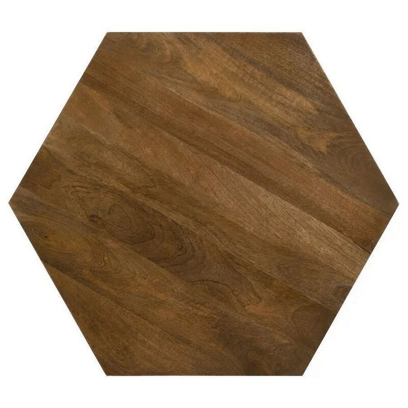 35 Inch Wood Drum Coffee Table, Artisan Hexagonal Rich Natural Brown Finish-Benzara