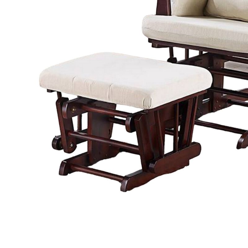Noni Glider Manual Recliner Chair w Ottoman, Brown Wood, Square Beige - Benzara