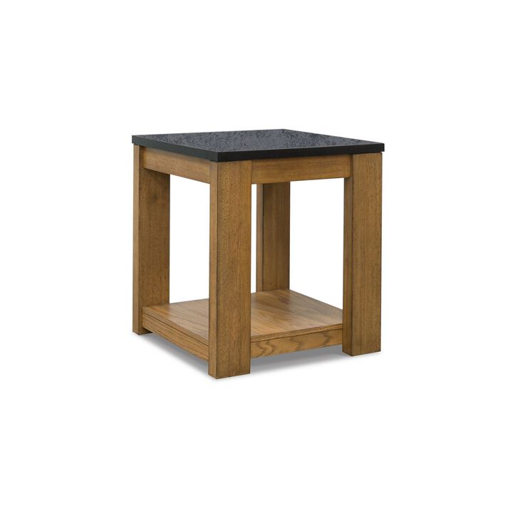 Enty Side End Table, Classic Faux Stone Top, 22 Inch Light Brown Wood - Benzara