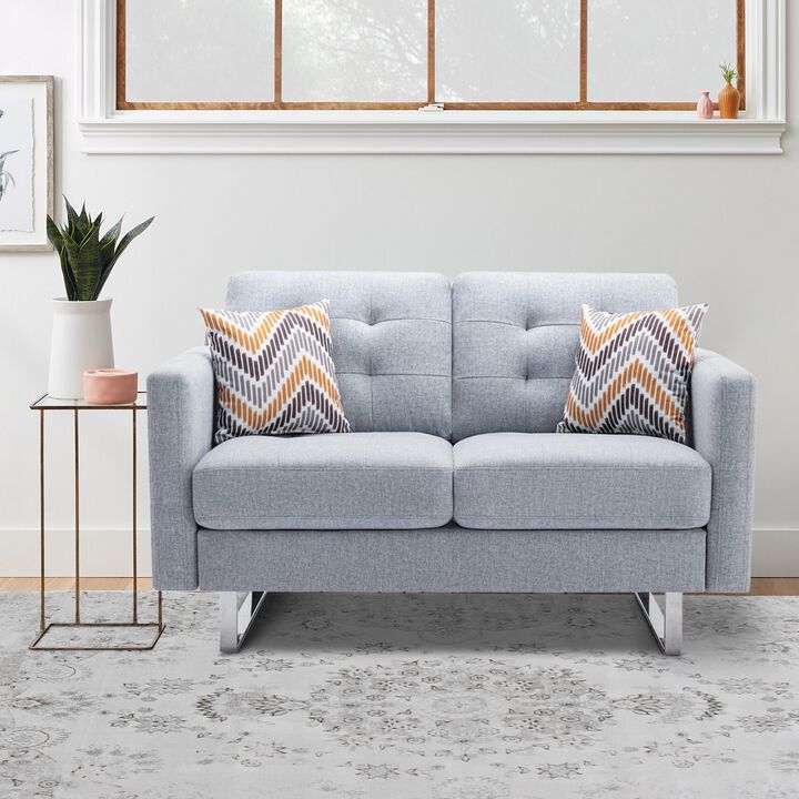 Caden 54 Inch Modern Loveseat with Side Pocket and 2 Pillows, Light Gray-Benzara