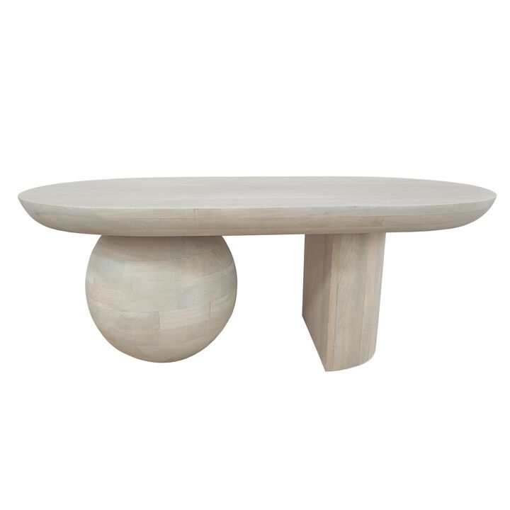38 Inch Coffee Table, Oblong Mango Wood Top with a Modern Ball Leg, Washed White - Benzara