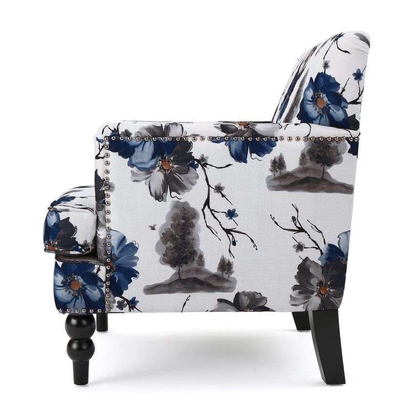 Lit Accent Chair, Button Tufted Floral White Blue Print, Multicolor - Benzara