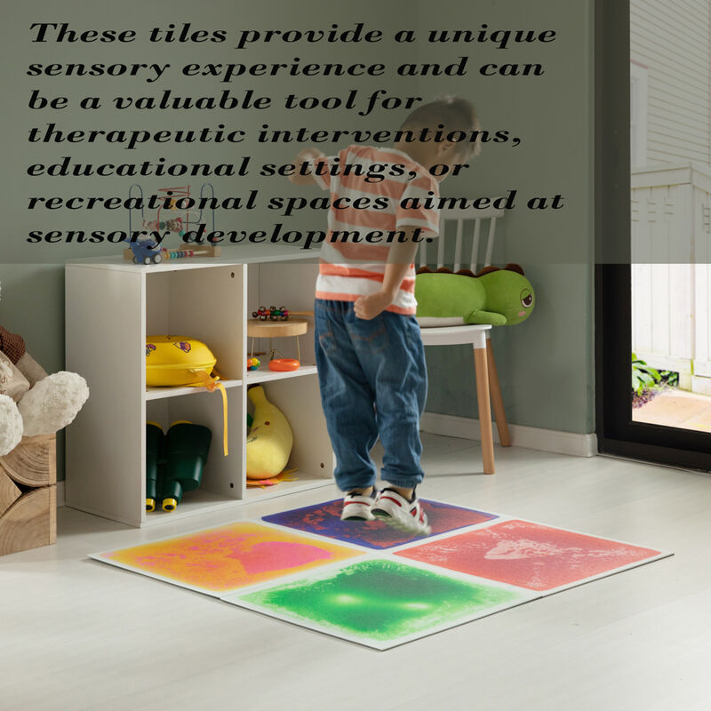 Sensory Liquid Gel Floor Square Tiles, 19.5 x 19.5 Inch Red/White, Green/White, Pink/Yellow, Blue/Red Kids Floor Mat, 4 Pack