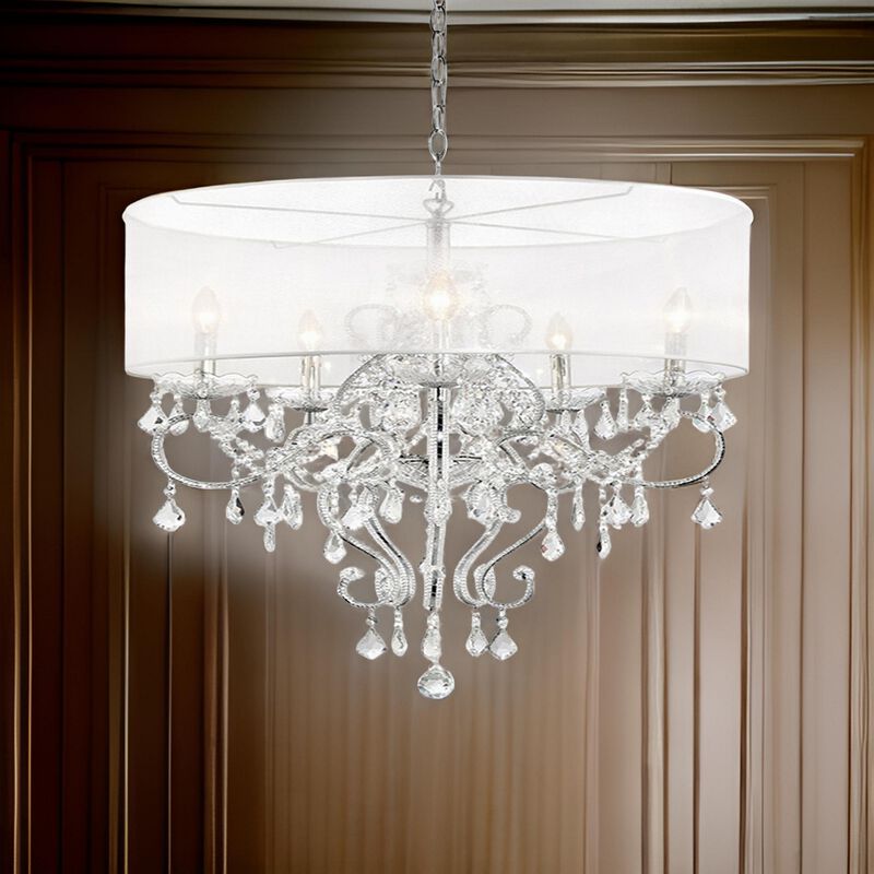 32 Inch Ceiling Lamp with Hanging Crystals, Round Canopy, Silver-Benzara