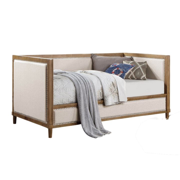 Kyra Twin Daybed with Nailhead Trim, Light Oak Pinewood, Beige Fabric - Benzara