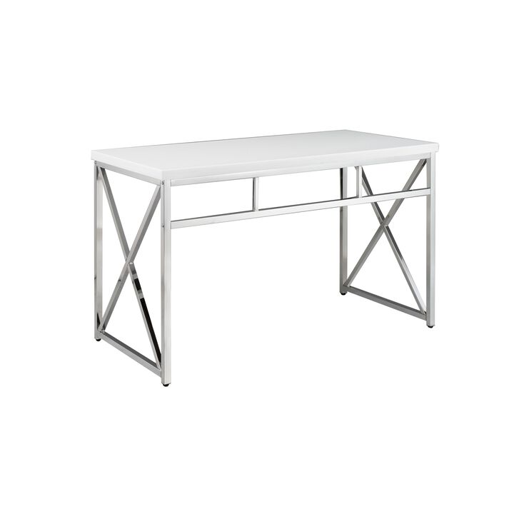 Gracie 47 Inch Desk, White Rectangular Top, Metal Legs in Chrome Finish - Benzara