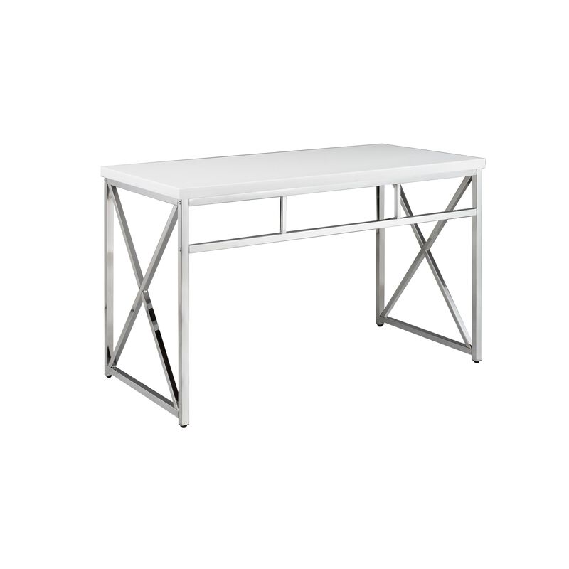 Gracie 47 Inch Desk, White Rectangular Top, Metal Legs in Chrome Finish - Benzara