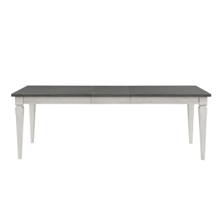 Kate 72-90 Inch Dining Table, Gray Extendable Rectangular Top, White Wood - Benzara