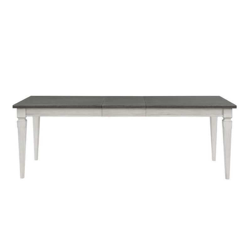 Kate 72-90 Inch Dining Table, Gray Extendable Rectangular Top, White Wood - Benzara