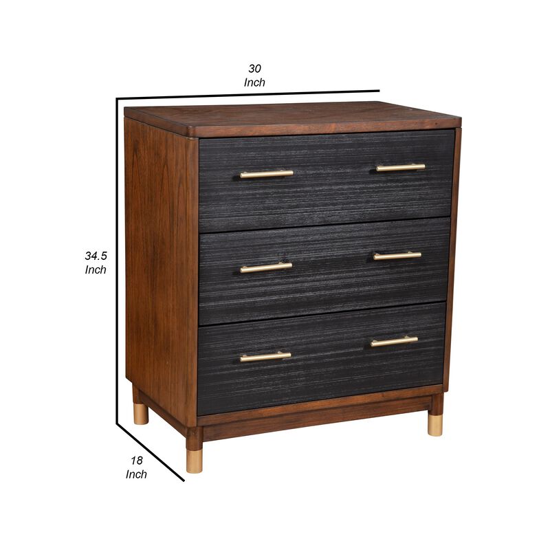 Chest with 3 Drawers and Round Legs, Brown and Black-Benzara