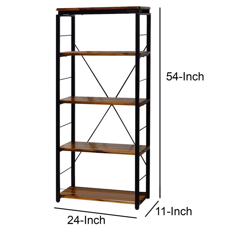 Industrial Bookshelf with 4 Shelves and Open Metal Frame, Brown and Black-Benzara