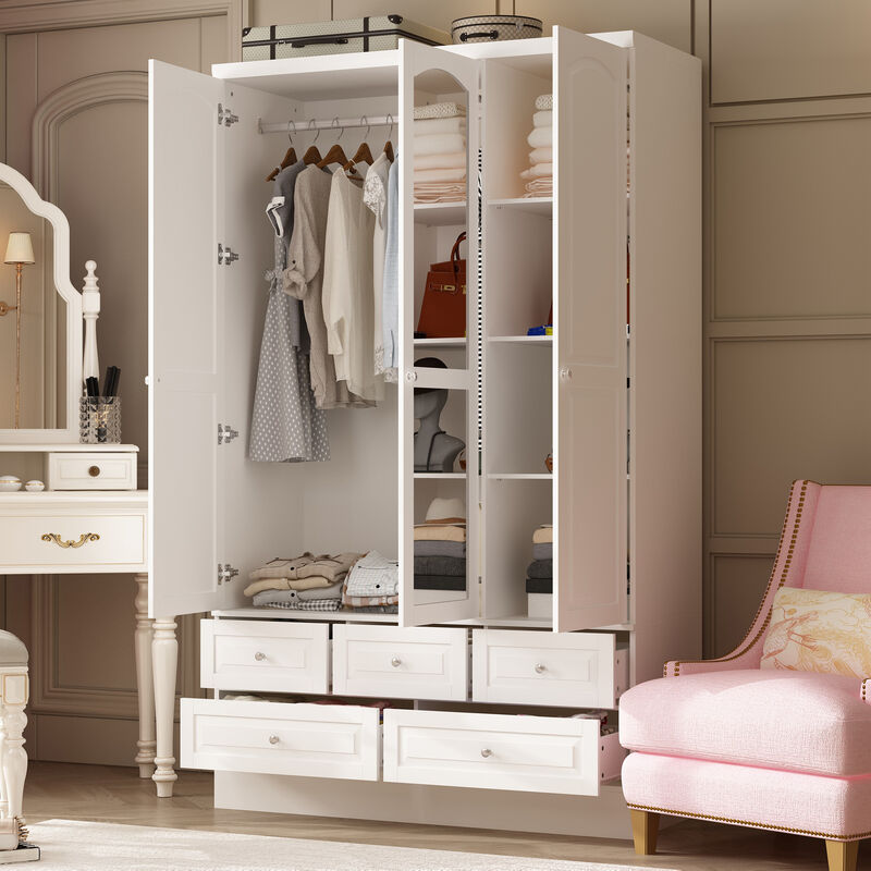 FUFU&GAGA Wardrobe with Mirror Doors, Hanging Rod, Shelves, and Drawers - Elegant Closet Storage Solution (47.8" W x 19.7" D x 78.7" H),White