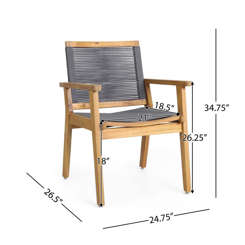 Outdoor Dining Chair Set of 2, 35 Inch Gray Woven, Brown Acacia Wood - Benzara