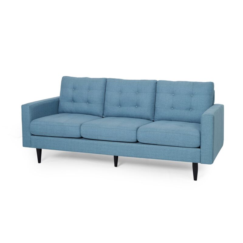 Apex Sofa, 3 Seater, 83 Inch, Button Tufted, Light Blue Fabric, Black - Benzara