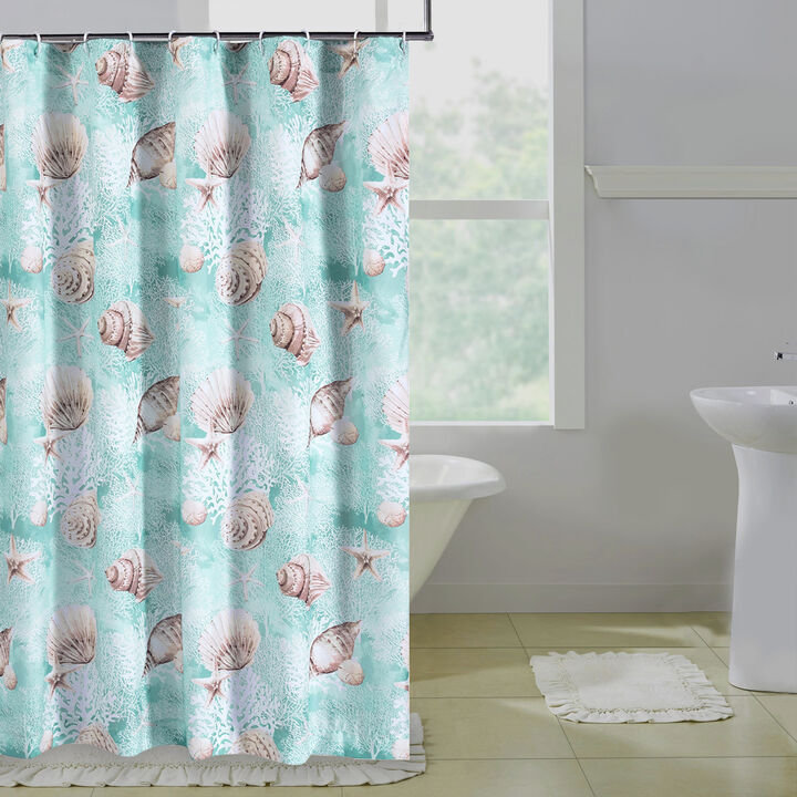Logan 72 Inch Shower Curtain, Coastal Light Blue Conch Shells Print-Benzara