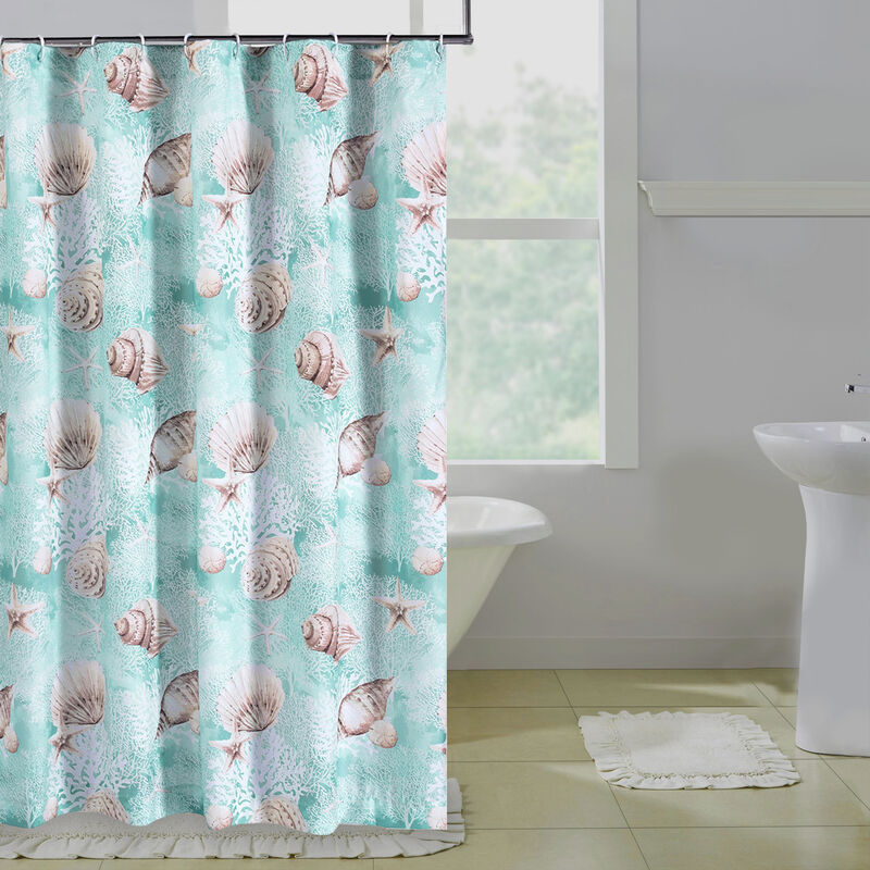 Logan 72 Inch Shower Curtain, Coastal Light Blue Conch Shells Print-Benzara