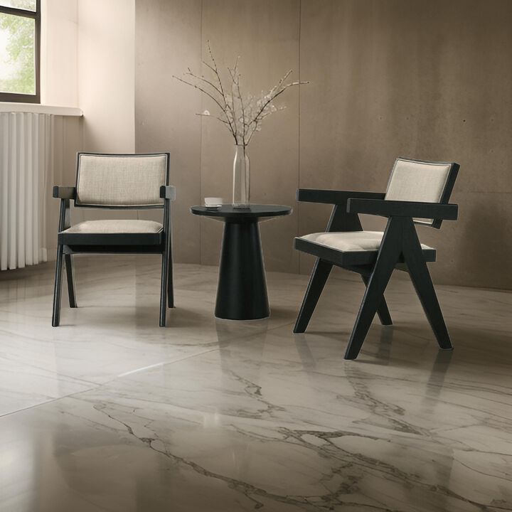 Bili 3pc Dining Armchair and Side Table Set, Open Backrests, Beige, Black - Benzara