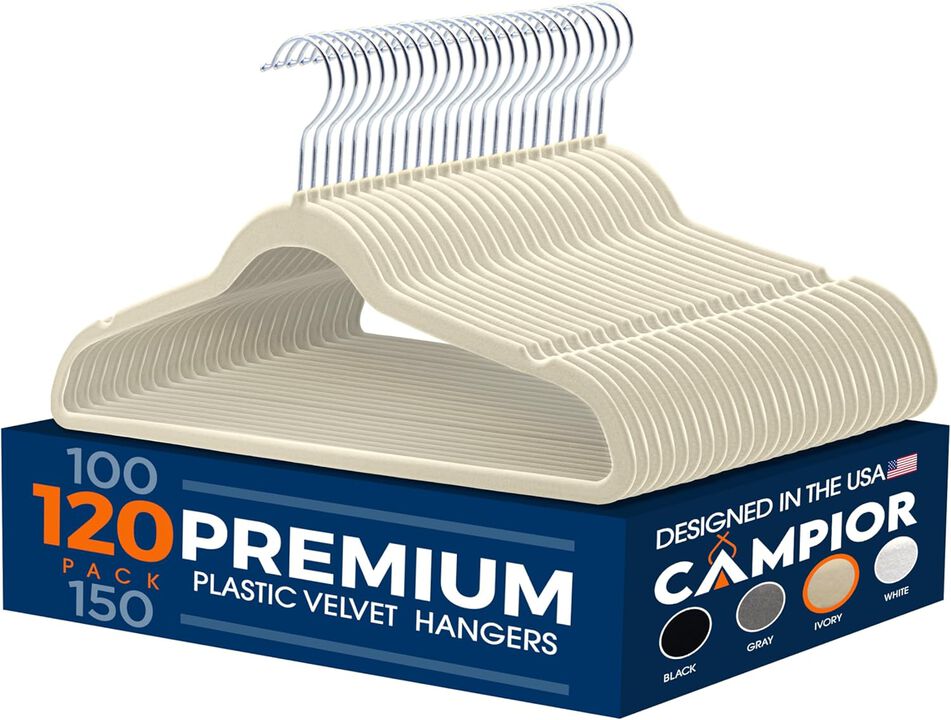 Premium Velvet Non-Slip Hangers for Clothes - Heavy Duty Coat Hanger Set with 360° Swivel Hook, Lightweight, Luxurious Velvet Finish, Versatile Hangers for Any Closet, Pack of 120 - Ivory