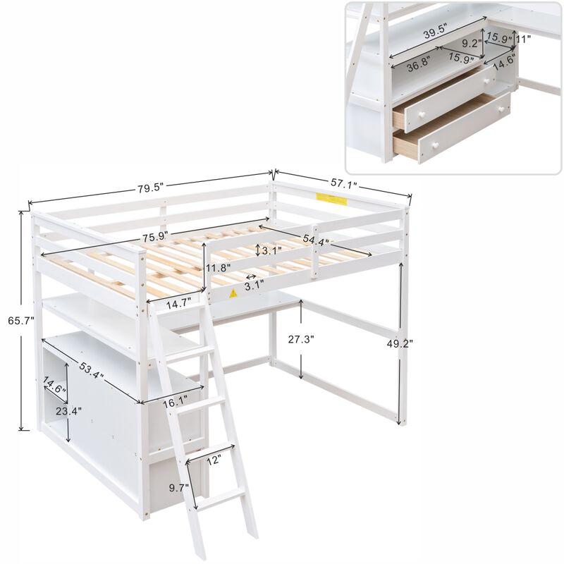 Full Size Loft Bed With Desk And Shelves, Two Built-In Drawers