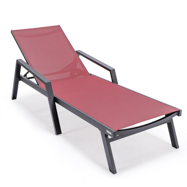 LeisureMod Marlin Patio Chaise Lounge Chair with Armrests – Black Aluminum Frame & Navy Blue Mesh for Outdoor Comfort