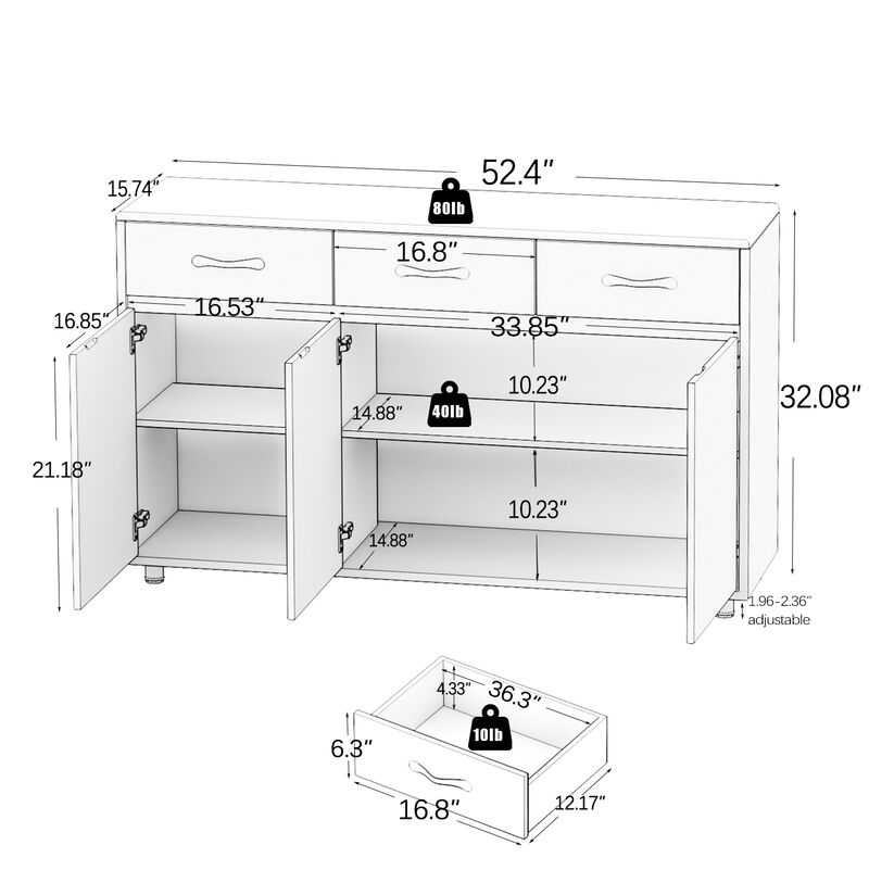 Wood 52.56 in. Sideboard with 3 Drawers and 3 Doors