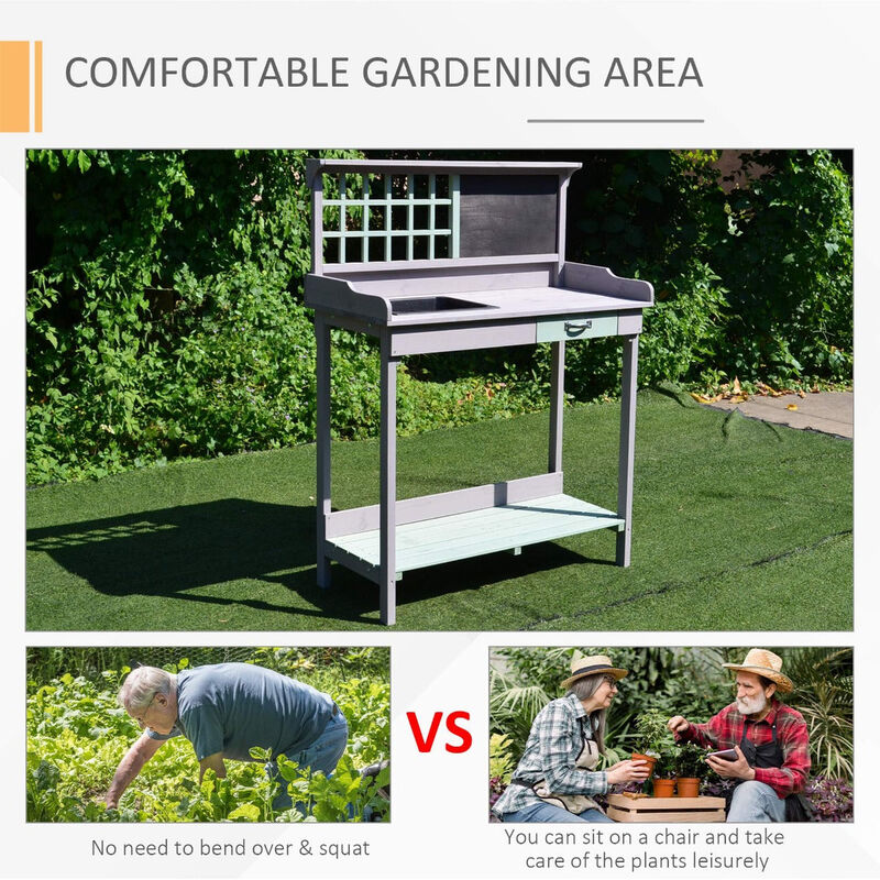 Light Gray Garden Station: Potting Bench with Sink, Blackboard & Storage
