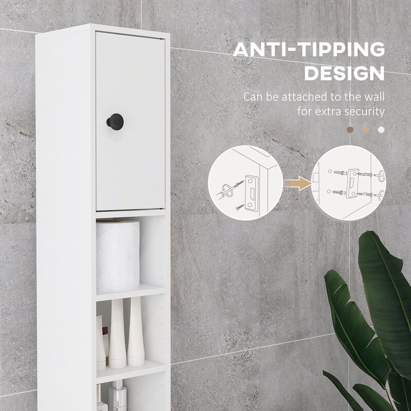 71" White Bathroom Storage: Narrow, Open Shelves, 2-Door Cabinets