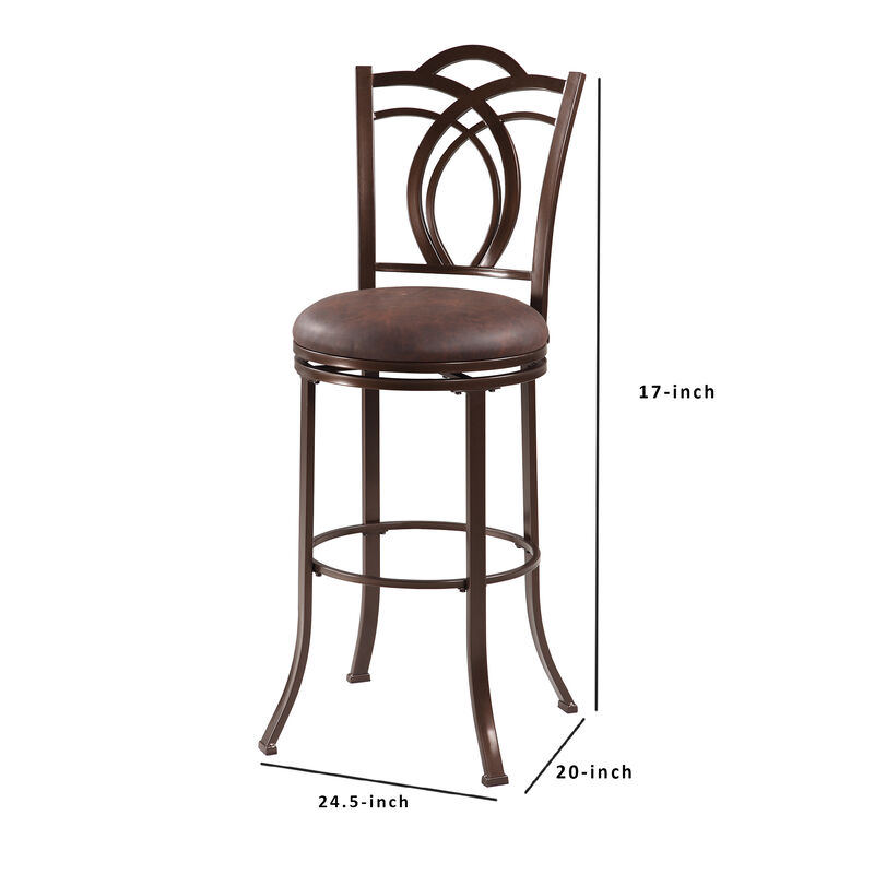 Metal Bar Stool with Cushioned Swivel Seat and Flared Legs, Brown - Benzara