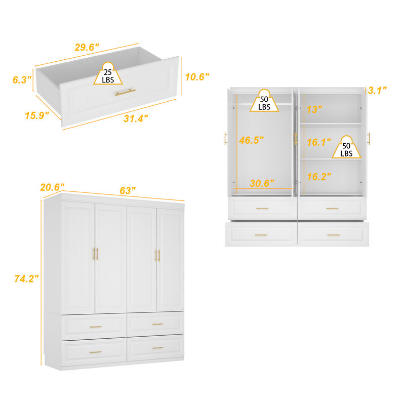 FUFU&GAGA 4-Door Wardrobe Closet with 4 Drawers, Cube Storage, and Hanging Rod - Coastal Style White Armoire Wardrobe Cabinet,(63" W x 20.6" D x 74.2" H),White
