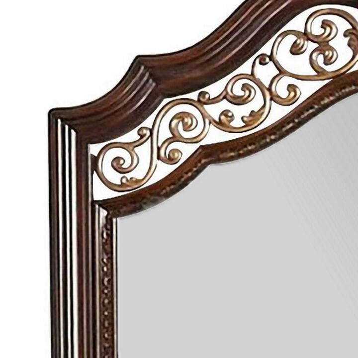 Molded Wooden Frame Mirror with Ornate Detailing, Brown By Casagear Home-Benzara