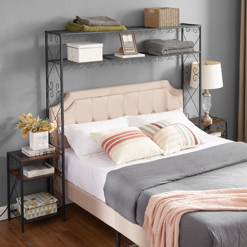 Rustic Brown Queen Bed Frame with Storage Headboard