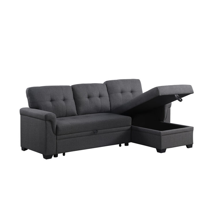 Lucca Dark Gray Linen Reversible Sleeper Sectional Sofa With Storage Chaise
