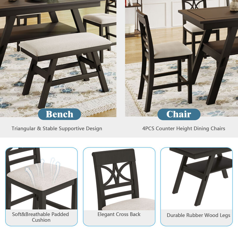 6-Piece Wood Counter Height Dining Table Set with Storage Shelf