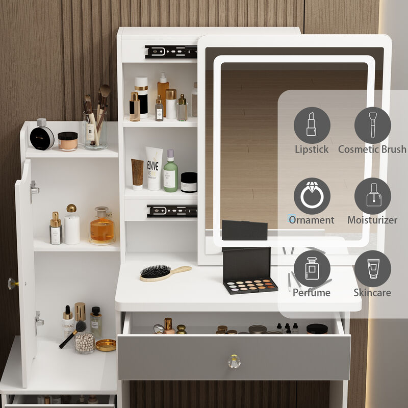 4-Drawers Wood Makeup Vanity Sets Dressing Table Sets in White with Stool, Mirror, LED Light and Storage Shelves