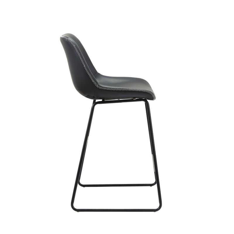 26 Inch Counter Height Chair, Set of 2, Black Faux Leather, Sled Legs - Benzara