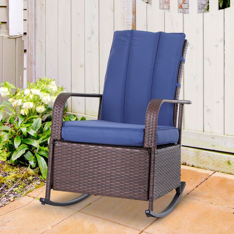 Blue Patio Relaxer: Outdoor Rattan Recliner with Soft Cushion