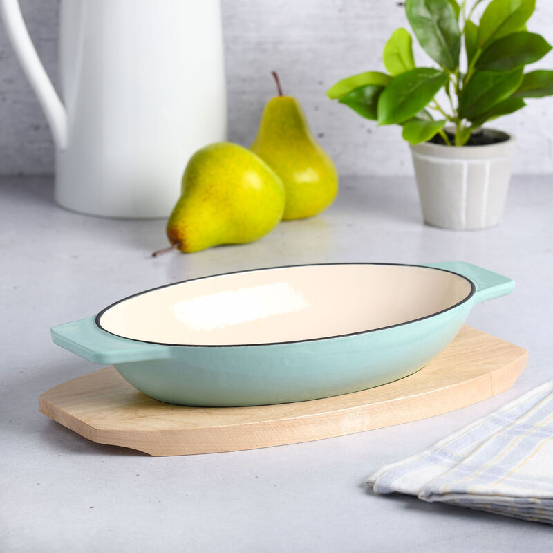 Martha Stewart 2 Piece Enameled Cast Iron Oval Casserole Birch Wood Trivet Set in Aqua