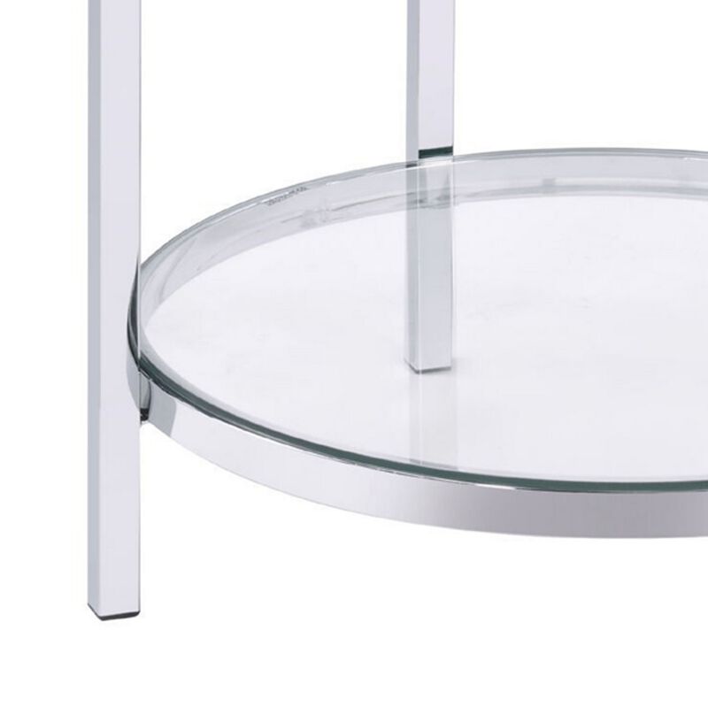 End Table with Round Faux Marble Top and Glass Shelf, Black-Benzara