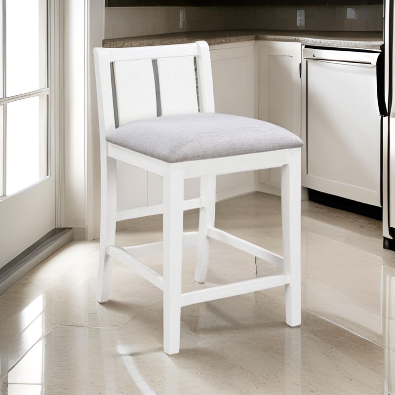 Ham 25 Inch Counter Height Chair Set of 2, Cream Fabric, White Wood Finish - Benzara