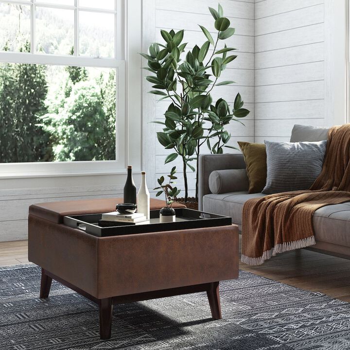 Simpli Home Small Coffee Table Storage Ottoman In Distressed Chestnut Brown Faux Leather