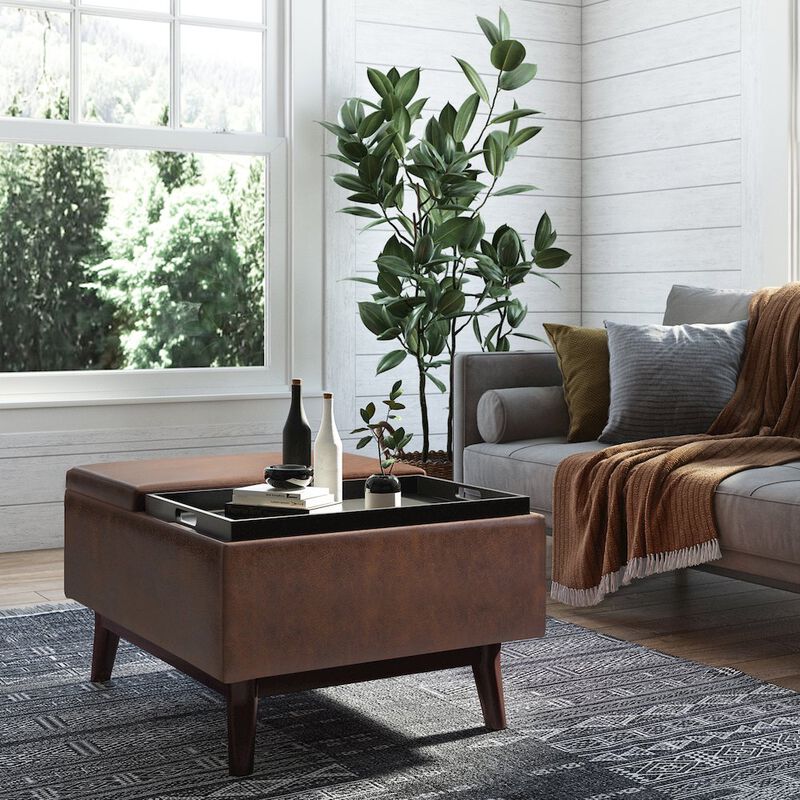 Simpli Home Small Coffee Table Storage Ottoman In Distressed Chestnut Brown Faux Leather